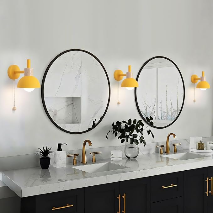 1-Light Nordic Bathroom Wall Sconce with Pull Chain Switch, Modern Vanity Wall Lamp, Bedside Wall Lights for Mirror Kitchen Living Room Hallway Cabinet Porch(Yellow)