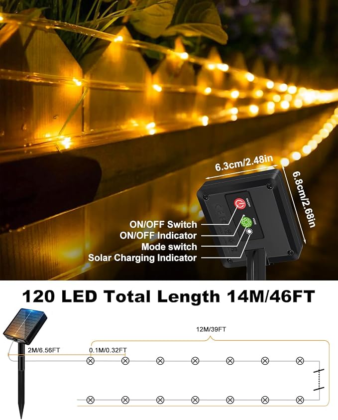 btfarm Solar Rope Lights, 120LED 46FT String Lights Outdoor Waterproof | 6 Pack 8 Modes, Timer Memory Function, Tube Trampoline lighting for Outside Garden Tree Christmas Yard Patio Decor,Warm White
