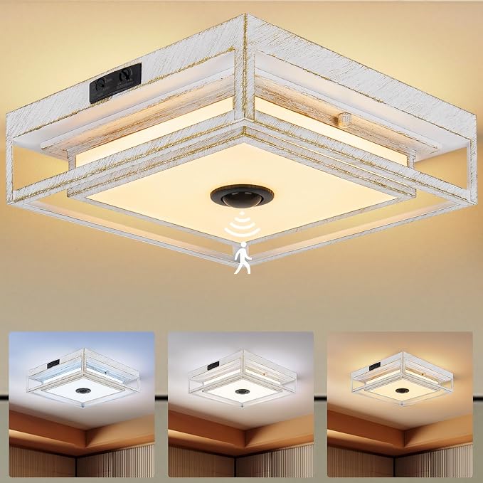White LED Motion Sensor Outdoor Ceiling Light Square Flush Mount Lights | 10.5", Motion Sensor, Dusk to Dawn, Adjustable Color, Waterproof, Modern, For Exterior Porch Garage Entryway