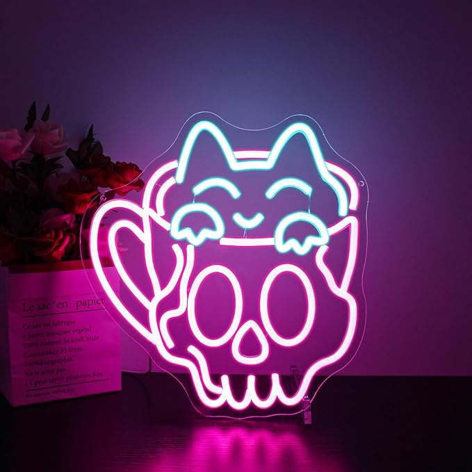 Neon Sign, HSJNJKFU Cat Coffee Cup Neon Signs for Wall Decor LED Sign for Room Cafe Home Party Birthday Bar Beer Signs - USB Powered.