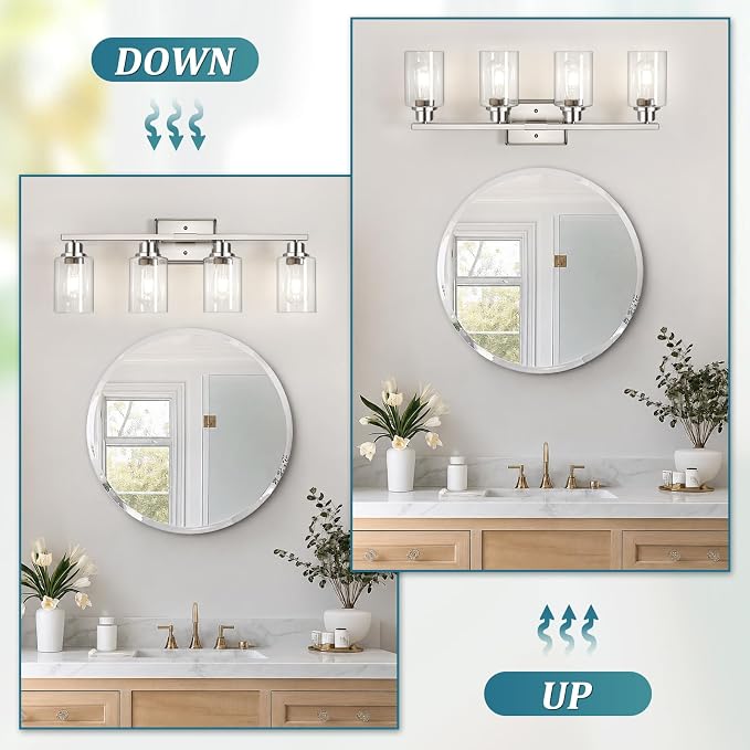 Modern Brushed Nickel Bathroom Light Fixtures, 4-Light Vanity Lights Over Mirror with E26 LED Bulbs Included, Wall Sconce with Clear Glass Shades for Living Room Bedroom Hallway Kitchen