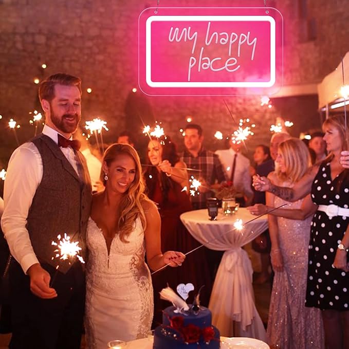 My Happy Place Neon Sign,Dimmable Pink LED Neon Signs for Wall Decor, USB Powered LED Letter Neon Signs, 3D Art Carving Design Light for Christmas Party Wedding Living Room Birthday Gift