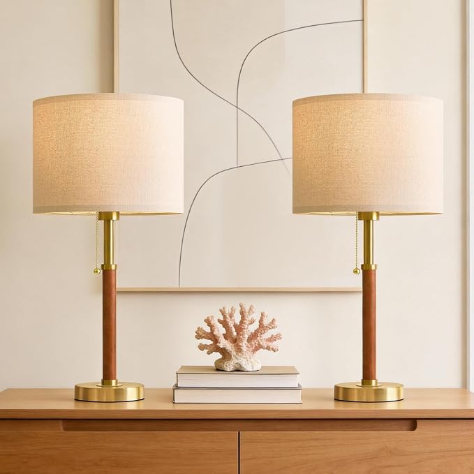 22" Wood Table Lamps Mid Century Modern Lamp for Bedroom Living Room Bedside Lamps for Night Stands Nightstand Lamp with Pull Chain Gold Small Side End Table Lamps Set of 2 Vintage Deco Gifts