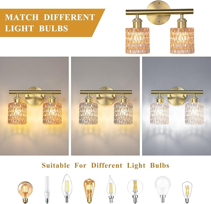 Bathroom Vanity Light, Gold Wall Fixture Over Mirror, Amber Glass Shade Lighting with Bulbs Included for Bedroom & Living Room, 2-Lights