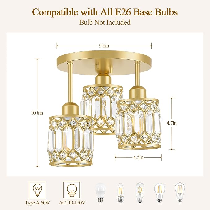 Gold Crystal Ceiling Light Fixture, 3-Light, E26 | Modern Semi Flush Mount Ceiling Light, Kitchen Lighting Fixtures Ceiling for Hallway Bedroom Bathroom Laundry Room
