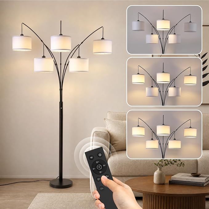 Floor Lamps for Living Room, 4000LM Super Bright Arc Floor Lamp with Remote Control, 5 Light Tall Floor Lamps with Stepless Dimmable, 80" Mid Century Tree Floor Lamp for Bedroom, Office