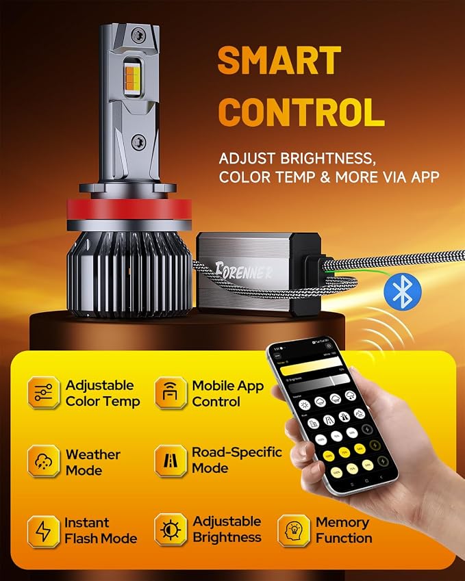 H11 9005 Smart Bulbs, 0-200,000LM Variable Super Brighter,3000K-6500K Variable Color Temperature, App Control One-touch Driving Mode Switching for Bluetooth, H9/H8/HB3 LED Bulbs Combo, Pack of 4