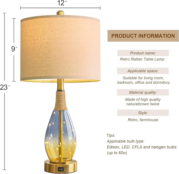 23" Table Lamps for Living Room Set of 2,Bedside Lamps for Night Stands, Rattan Lamps for Bedroom,Farmhouse Lamps with Glass Nightlight,Two Light Points