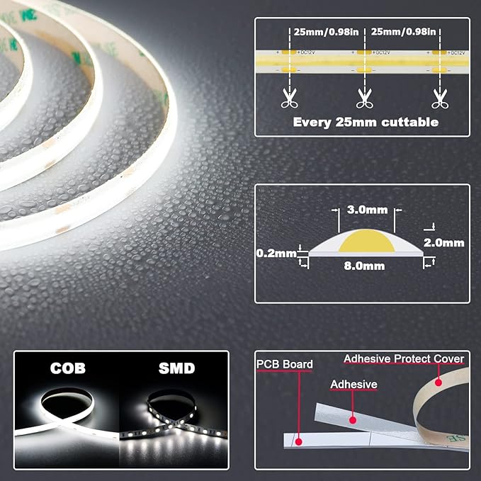 TOPAI 12V COB LED Strip Daylight White 5000K 16.4ft Dotless IP65 Waterproof | High Density 480LEDs/M, CRI>90 4000Lm, Cuttable, Flexible, Self Adhesive Easy Install for Bedroom, Cabinet