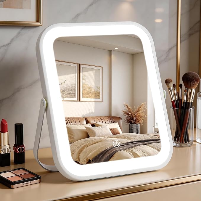 Rechargeable Vanity Mirror with Lights, 10"×8" Makeup Mirror with Lights, 1500mAH Battery, Smart Touch with 3-Color Lighting, Dimmable, HD Desk Mirror, Travel Essentials, Women Gift (White)