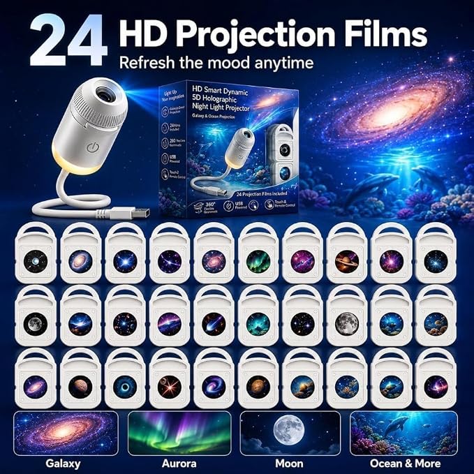 Galaxy Projector, Ocean Projector, 5D Holographic Night Light Projector, Plug and Play Hd Star Projector, 360° Adjustable Hd Galaxy and Ocean Projector for Bedroom Ceiling，Ocean & Galaxy 24pc