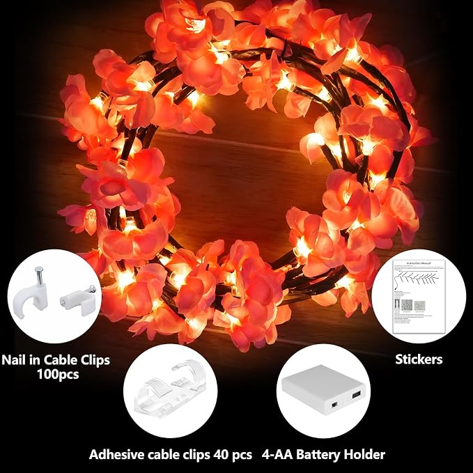 4FT 48LED Pink Cherry Blossom Tree Branch Lights for Wall, USB Battery Box | FNHMSL Cherry Enchanted Willow Vine Lights,Remote Timer,8 Light Model,Bedroom Wall Doors Wedding, Christmas, USB Battery Box