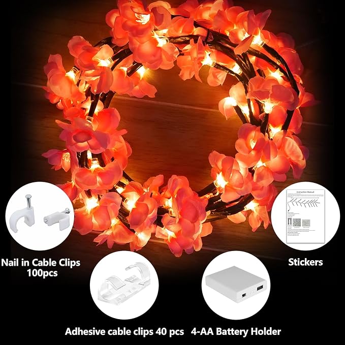 5.25FT 72LED Cherry Enchanted Willow Vine Lights for Bedroom Doors Wedding | Pink Cherry Blossom Tree Branch Lights for Wall, Remote Timer,8 Light Model, Wall Christmas, USB Battery Box
