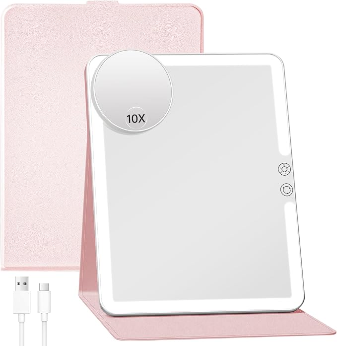 FUNTOUCH 2500mAh Large Rechargeable Travel Makeup Mirror with Lights (Pink) | Portable Makeup Mirror with 10X Magnifying Mirror 3 Lighting Modes, Tabletop Folding Travel Mirror with PU Leather Cover
