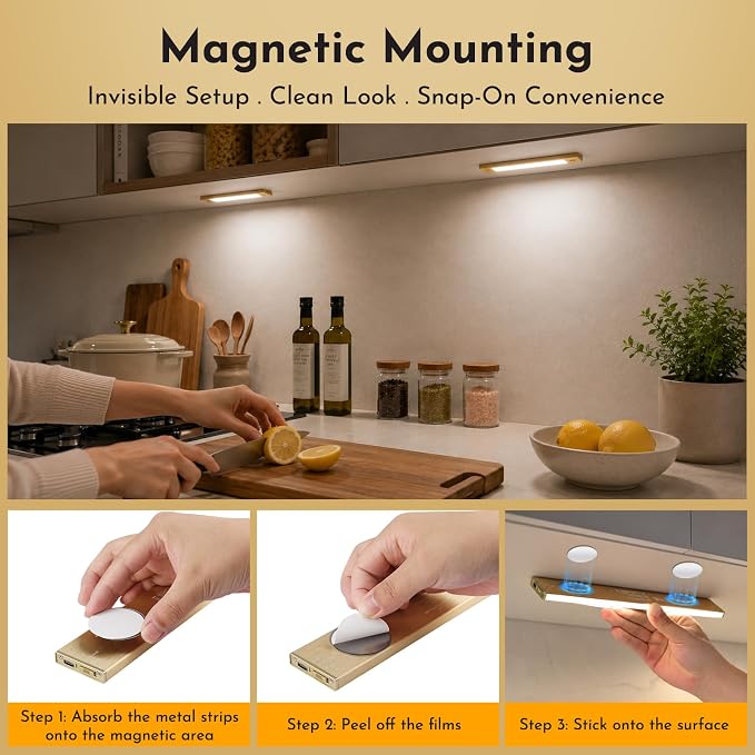 V4light Motion Sensor Cabinet Light, Rechargeable, Dimmable, 4Pcs, 9in | Gold aluminum, magnetic wireless, 1800mAh, 3 color temps & dimmable, ideal for kitchen, closet, shelf & stair