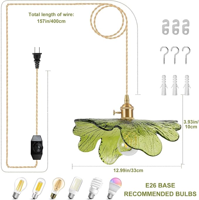 Plug in Pendant Light Fixtures,Hanging Light Fixture 12.9in Green Glass Pendant Light,E26 Pendant Lighting for Kitchen Island, Bedroom, Dining Room, Living Room
