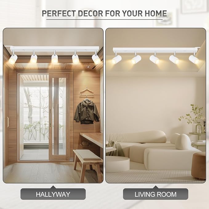 Plug in Track Lighting, LED Track Light Kit, White 5-Light Large Track Lights for Kitchen, 15 FT Cord,30" Large Ceiling Spotlight, Rotatable Wall Mount Light Head for Bedroom Hallway Living Room