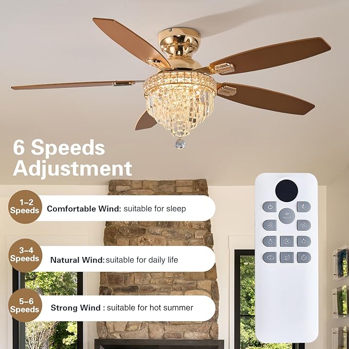 Crystal Ceiling Fan Fandelier with Lights-Ceiling Fans with Lights,54" Low Profile and Remote Control, Flush Mount, Reversible, Dimmable, Noiseless,Gold Ceiling Fan for Bedroom