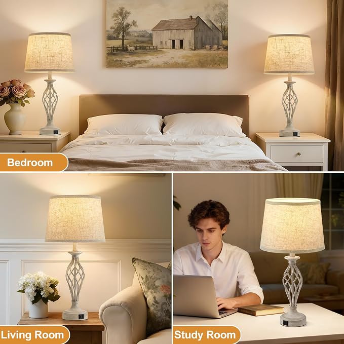 EJIAXIN Table Lamp for Bedroom Set of 2 - Light Grey Bedside Lamps with USB C+A Ports,Rustic Distressed Farmhouse Bedroom Lamp - Lamp for Living Room Reading Bed Side End Table Bulbs Included