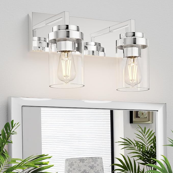 Bathroom Vanity Fixtures, 2 Light Matte Chrome Vanity Light with Clear Glass Shade, 15in Farmhouse wall Light, Lighting Fixture Over Mirror for Bathroom