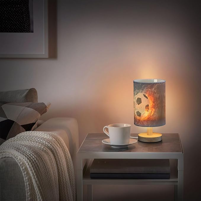 Table Lamp Soccer Ball in Fire Flame Water Sport Design American Football Nightstand Lamp with Wood Base Fabric Lamp Shade Bedside Desk Lamp for Living Room Bedroom Kids Room Office