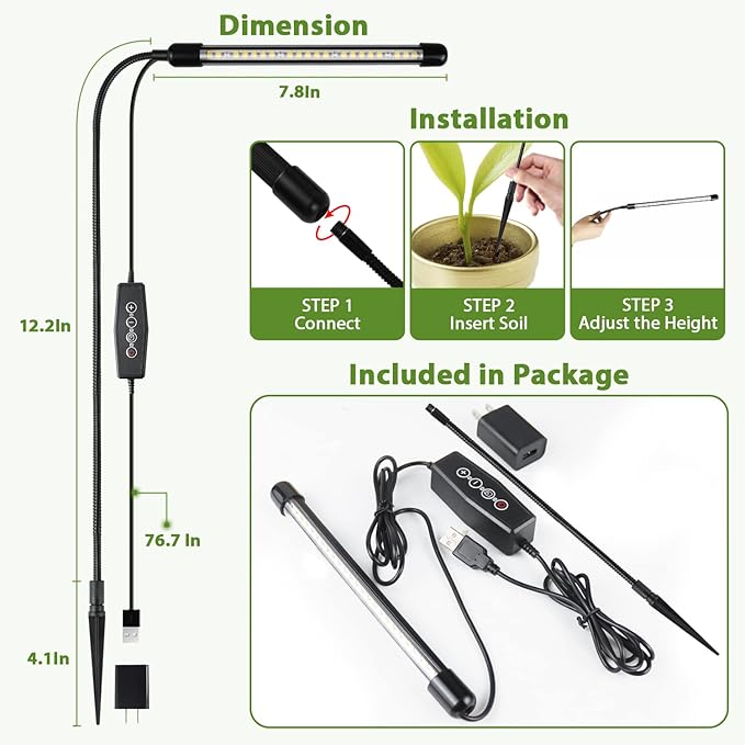Juhefa Grow Light for Indoor Plants Growing, 6000K Full Spectrum Gooseneck Plant Lamp for Seedings Succulents Small Plants, Auto On/Off Timing & 5 Dimming, 1-Pack