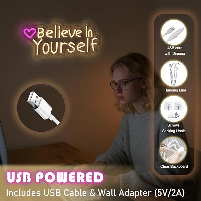 Believe in Yourself neon sign, suitable for classroom wall decoration, back-to-school season, graduation season, student gifts. Dimmable, USB powered, pink heart-shaped inspirational neon light.