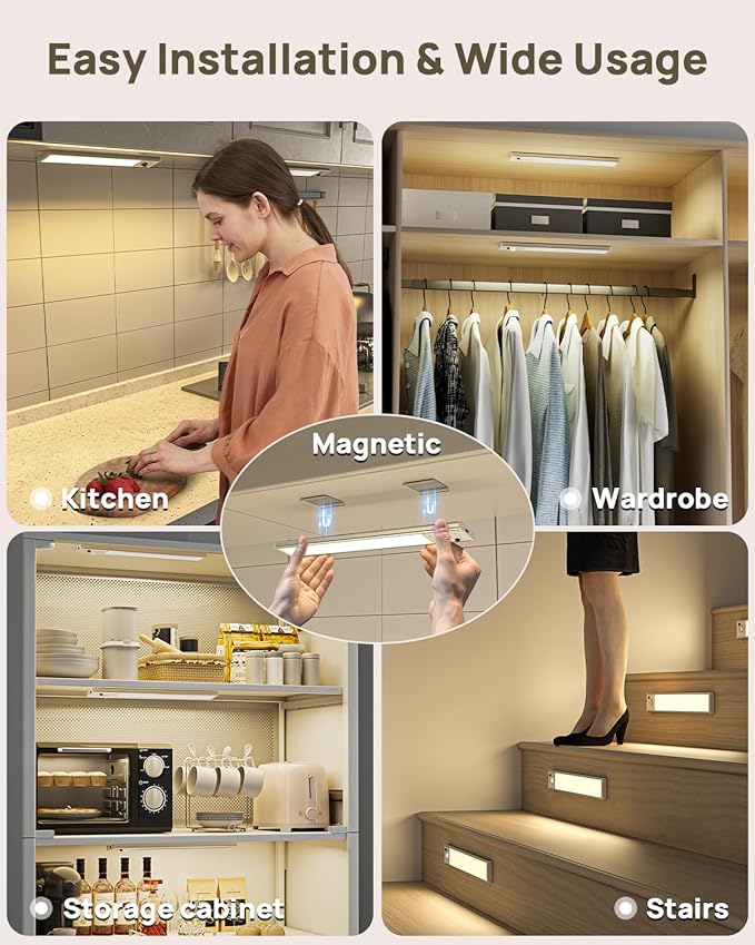 9inch Under Cabinet Lighting Wireless, Rechargeable Motion Sensor Indoor Light, 3 Color Temps & Dimmable Closet Lights with Remote, Magnetic Under Counter Light for Kitchen, Stairs, Wardrobe, 5 Pack