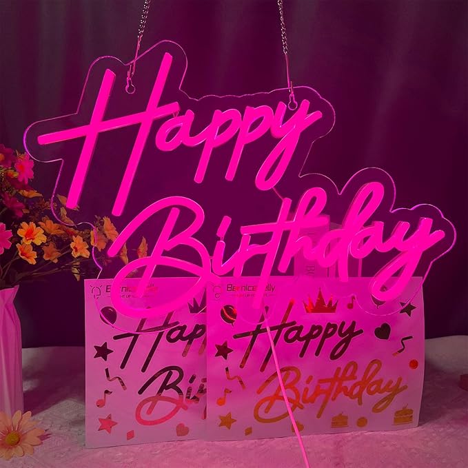 Happy Birthday Neon Sign for Wall Decor, 17×12 Inch Pink Led Neon Light Signs, Art Decoration Happy Birthday Neon Light Sign for All Birthday Party Decoration with 2 Pcs pasters