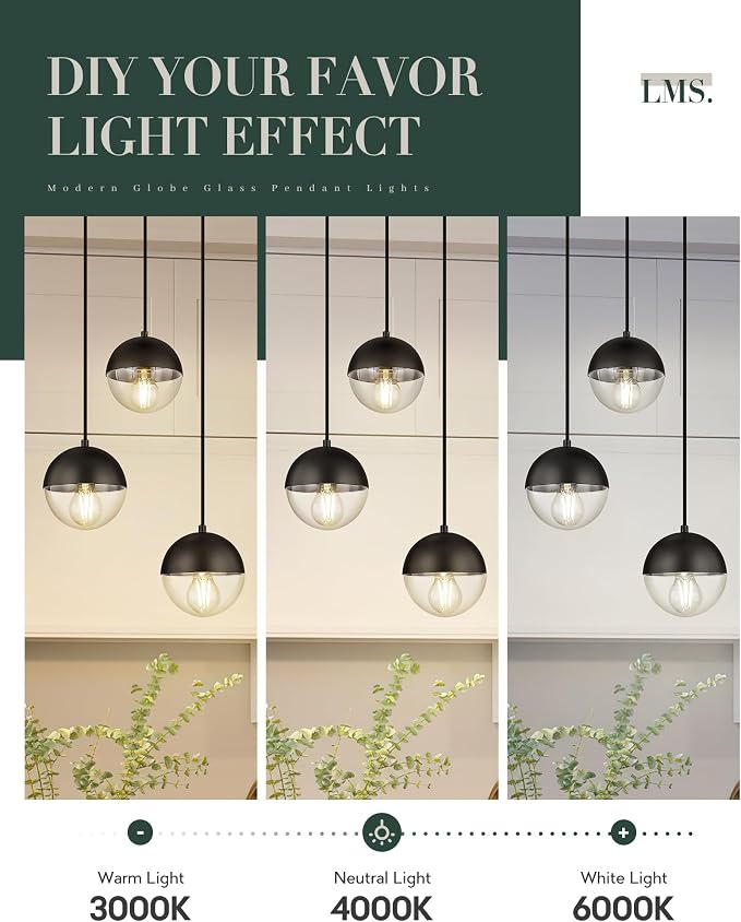 Modern 3-Light Cluster Pendant Lights, Matte Black Kitchen Island Light Fixtures with Clear Globe Glass Shade, Adjustable Hanging Light for Bathroom Bedroom Dining Room Living Room, LMS-186BKC3