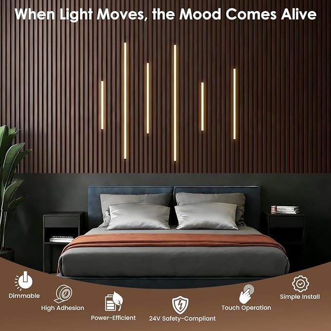 Slat Wall Lights for Wood Panel-6PCS LED Recessed Lighting Kit | White Light Cover Adhesive Black LED Light for Wood Slat Wall Panels,Dimmable& Touch 3000K Led Strip Lights