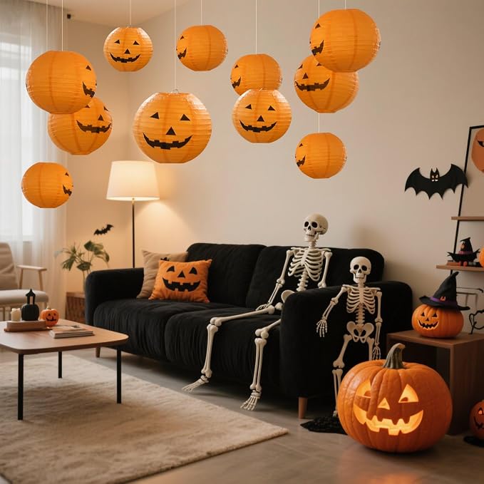 12pcs 10in Floating Jack-O-Lanterns | with Wand Remote and 24pcs LED Tea Lights for Decor