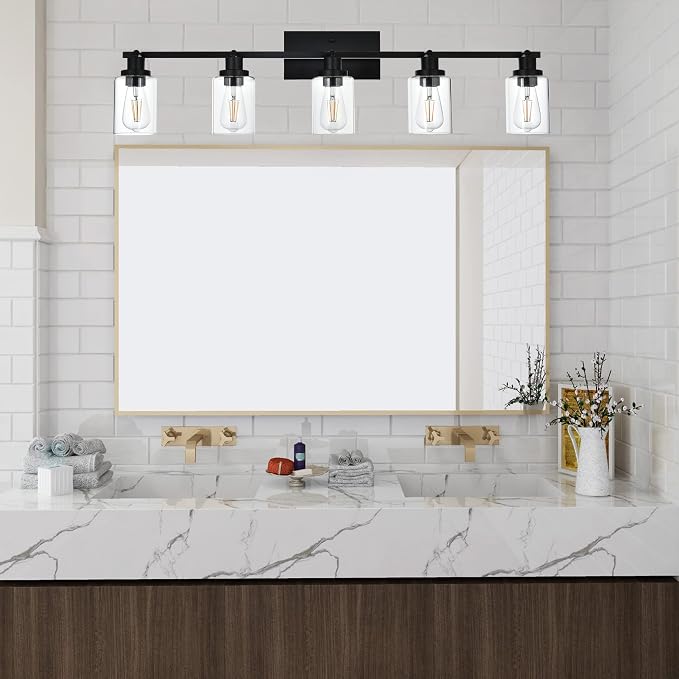 MELUCEE 5 Light Vanity Lights for Bathroom with Rotatable Light Head | Black Ceiling Light Fixture with Clear Glass Shade, Modern Spotlight Track Lighting Kit for Hallway Porch Foyer Bath, 37 Inch