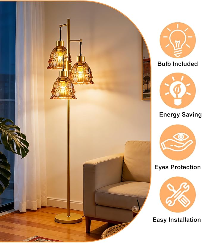 Lightdot 3-Lights Glass Floor Lamp Dimmable Gold Floor Lamps with Brown Glass Shade 3000K Bulbs Included Unique Modern Standing Tall Lamp with 5Lbs Heavy Base for Living Room/Bedroom/Sofa Beside