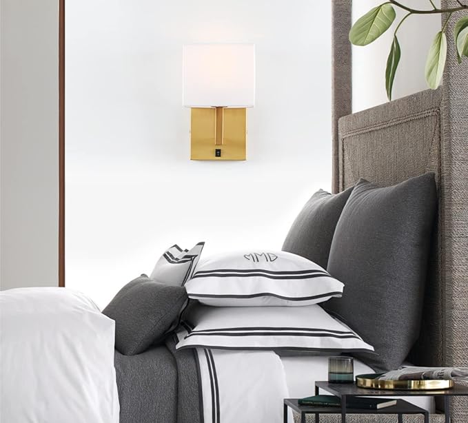 PERMO Single Wall Sconce Light Fixture Antique Finish with White Textile Shades and On/Off Switch Button Small Modern Nightstand Lamps for Bedrooms Bedside Reading