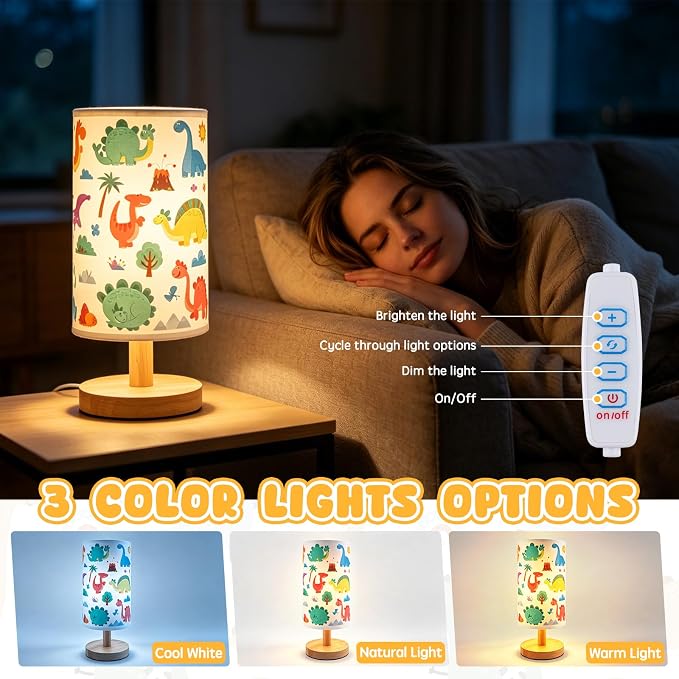 Dinosaur Lamp for Kids Bedroom, 3-Way Dimmable Table Lamp with Wooden Base and Fabric Shade, Cute Dino Room Decor for Boys Girls, Nursery Bedside Night Light, Dinosaur Gifts for Kids