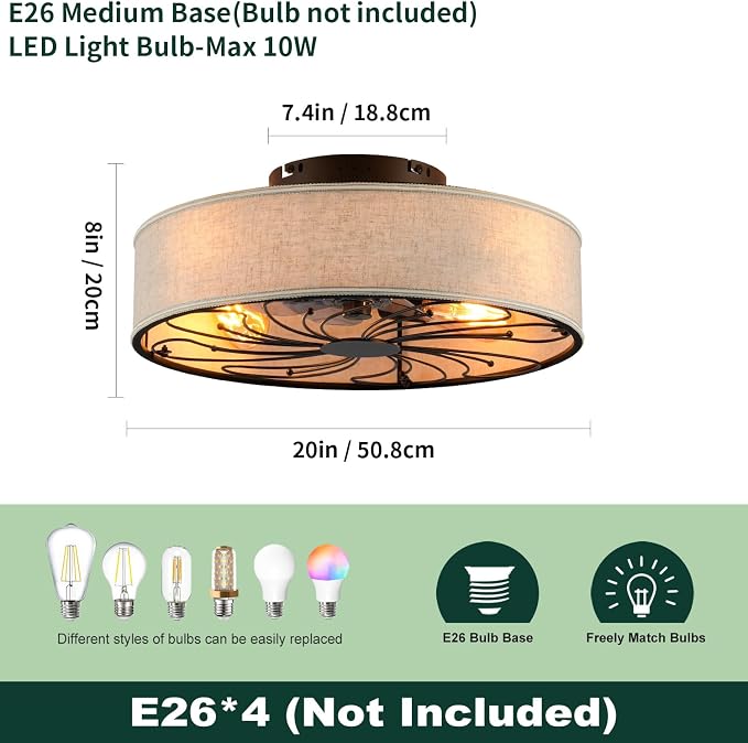 Boho Ceiling Fan with Jute Fabric Shades and Remote Control, Small Caged Bladeless Low Profile Ceiling Fan with Light, 20 Inch Modern Flush Mount Light Kit for Bedroom Kitchen Living Room