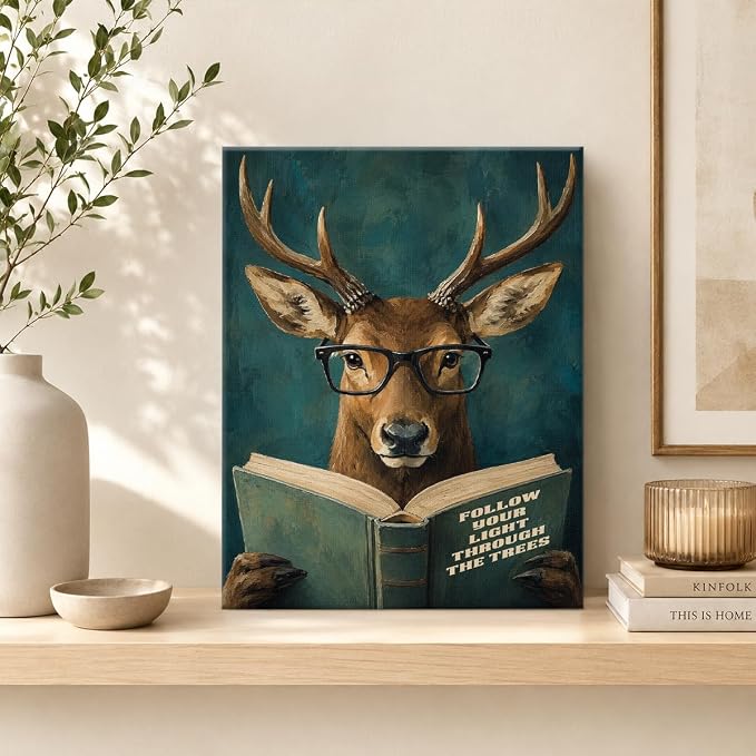 NSFBESSLIA Funny Reading Deer Painting, Whimsical Vintage Animal Decor, Follow Your Light Through The Trees, Motivational Wall Art for Living Room Bedroom Entryway, 8x10 Inch