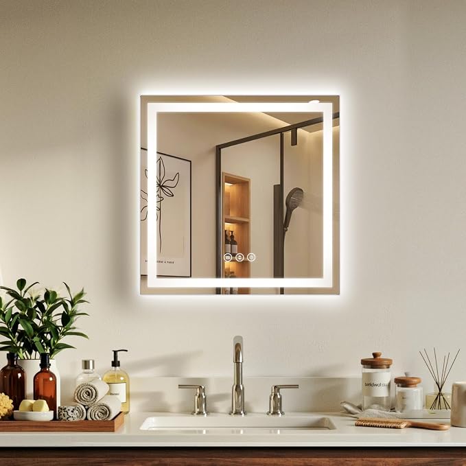 24x24 LED Bathroom Mirror with Anti-Fog, Backlit & Front Lit, Memory | Stepless Dimmable 3 Color CRI 95+ Shatterproof Tempered Glass ETL Listed for Safety Lighted Bathroom Vanity Mirror for Wall