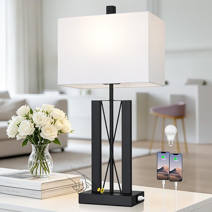 Lolikit 25" Modern Table Lamp for Living Room,Bedside Lamp for Bedroom | 2 USB Charging Ports,White and Black,Geometric Industrial Contemporary,LED Bulbs Shade Included,Bedrooms,Nightstand,End Table
