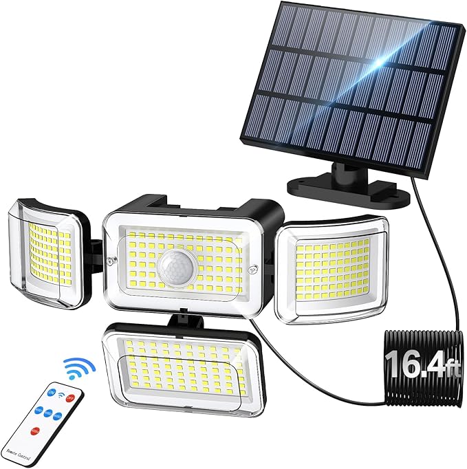 CLAONER Solar Outdoor Lights Motion Sensor 3500LM 288 LED Security Light with Remote Control IP67 Waterproof 4 Heads Flood Lights with 16.4ft Cable 4 Modes (1 Pack)