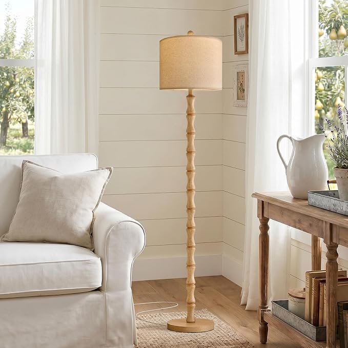 62" Farmhouse Floor Lamp for Living Room, Rustic Standing Lamp with Linen Shade and Rotary Switch, Tall Resin Corner Floor Lamp for Bedroom, Nursery, Office, Home Decor