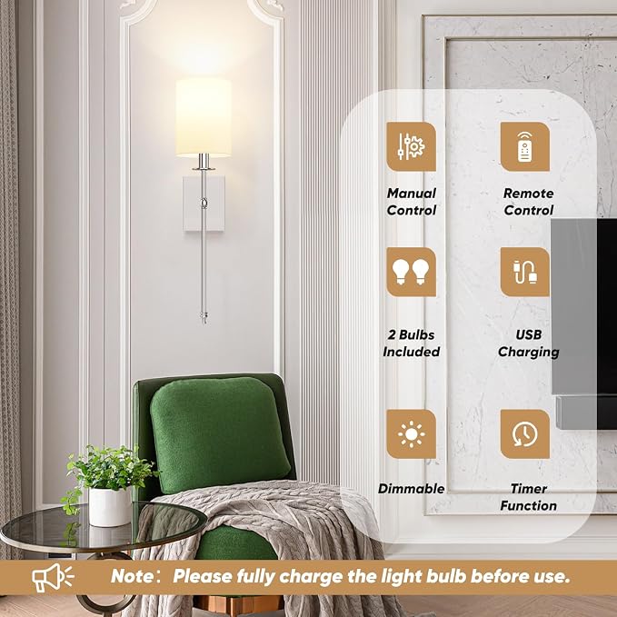 24 Inch Battery Operated Wall Sconces Set of 2 with Remote, Brushed Nickel Rechargeable Wireless Wall Lights with White Fabric Shade, Cordless Wall Lamps with Dimmable Detachable Bulbs for Bedroom