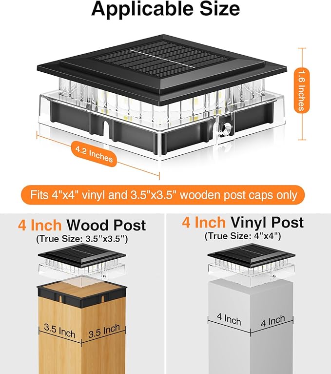 12 Pack 4x4 Solar Post Cap Lights Outdoor, Fence Post Solar Lights with Warm Light Mode, Waterproof Fence Deck Post Lights Solar Powered Fits 4x4 3.5x3.5 Vinyl Wooden Posts for Patio Porch