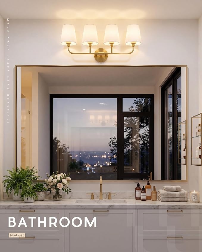 4-Light Brushed Gold Bathroom Vanity Light with White Fabric Shade | 28 Inch gold bathroom light fixture over mirror, UL listed, E26 bulbs, hardwired, upward only, VL837-BG-4K
