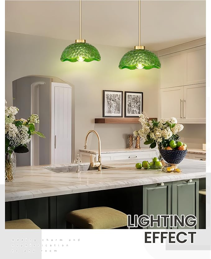 zeyu 10.4 Inch Vintage Kitchen Light Fixture, Hanging Ceiling Light Fixture, Brushed Gold Ceiling Pendant Light with Green Hammered Glass, ZJX116M1L BG G