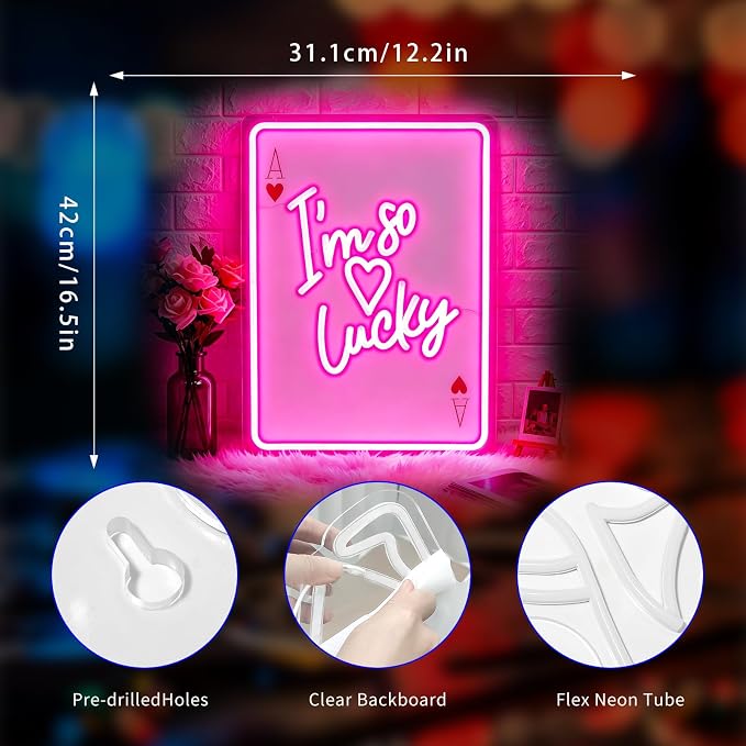 Neon Sign, Lucky Neon Signs for Wall Decor LED Signs Neon Light | Lucky Poker Neon Signs, Pink "I'm so Lucky" LED Light for Bedroom, Wedding, Cafe, Party, Home Decor, Pink Decor, USB Powered