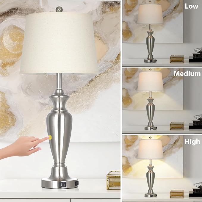 Cinyirong 30" Tall Silver Table Lamp for Living Room, 3-Way Dimmable Touch Control Bedside Lamp for Bedroom Nightstand with USB A+C Ports & AC Outlet (1 Pack)