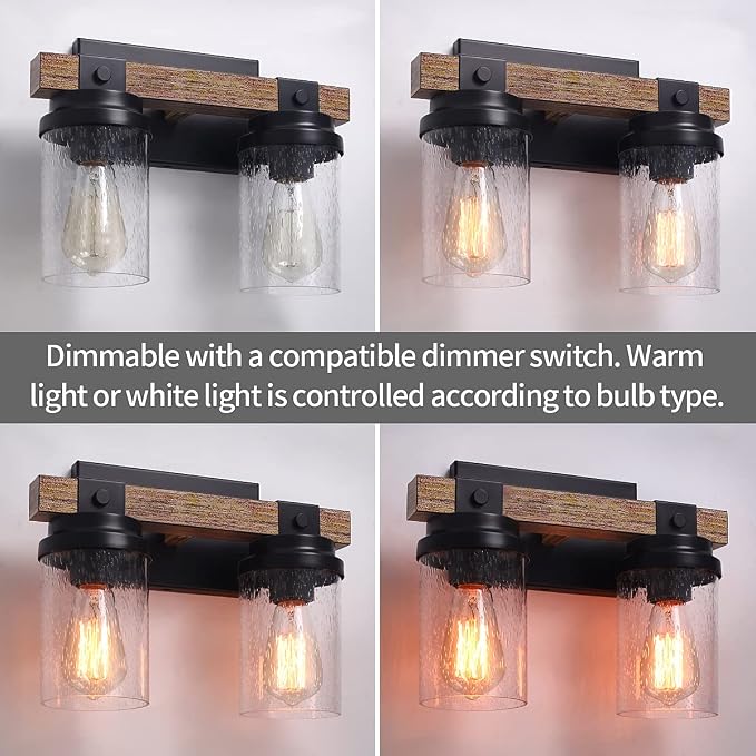 2 Light Farmhouse Vanity Lights Rustic Bathroom Light Fixtures Over Mirror | Faux Wood Wall Mount Light with Clear Seeded Glass Shade, Industrial Black Metal Wall Sconces for Bathroom Living Room