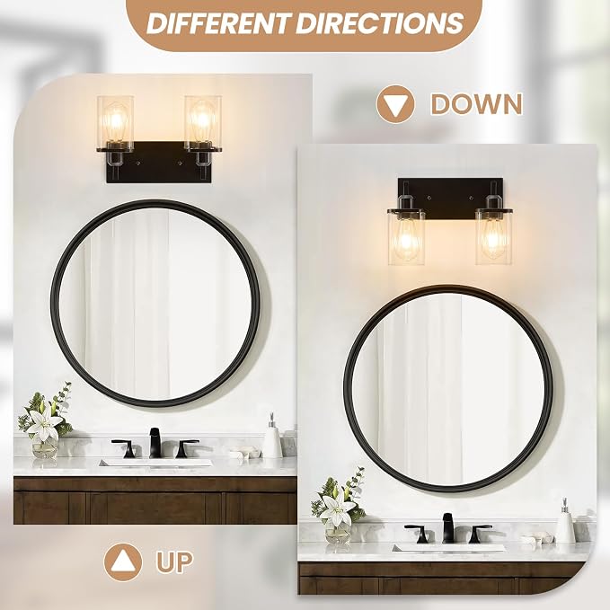 2-Light Bathroom Light Fixtures, Black Vanity Lights for Bathroom with Clear Glass Shade, Bathroom Lights Over Mirror, Modern Bath Wall Mounted Lamp for Living Room, Bedroom, Porch